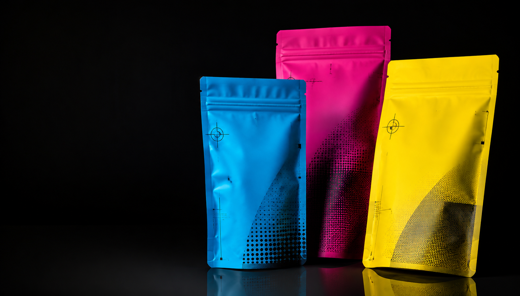 Cyan, magenta and yellow custom stand-up pouches